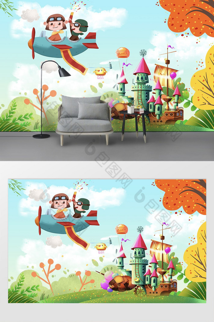 热气球手绘房子主题房背景图片