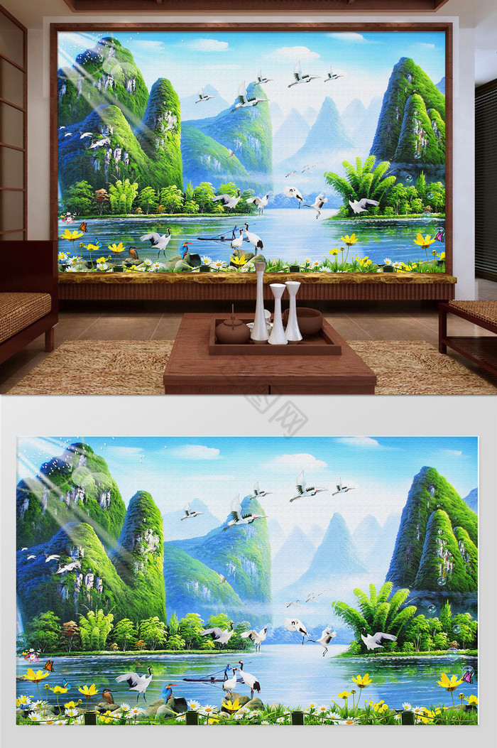 新中式漓江山水国画客厅背景墙图片