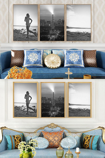 简欧黑白创意铁塔人物风景客厅卧室装饰画图片