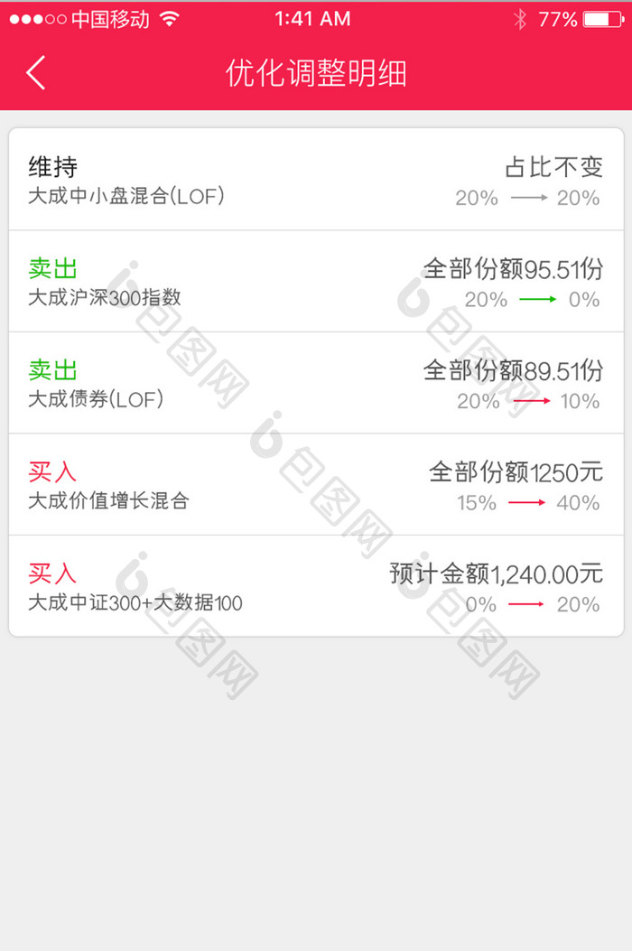 红色金融行业app调整明细UI移动界面