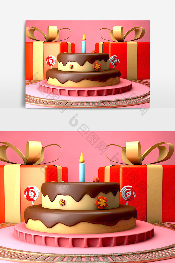 C4D粉色生日蛋糕礼物电商场景模型
