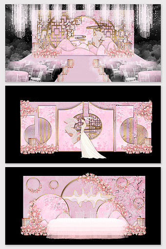 新中式粉色唯美桃花源婚礼舞台效果图图片