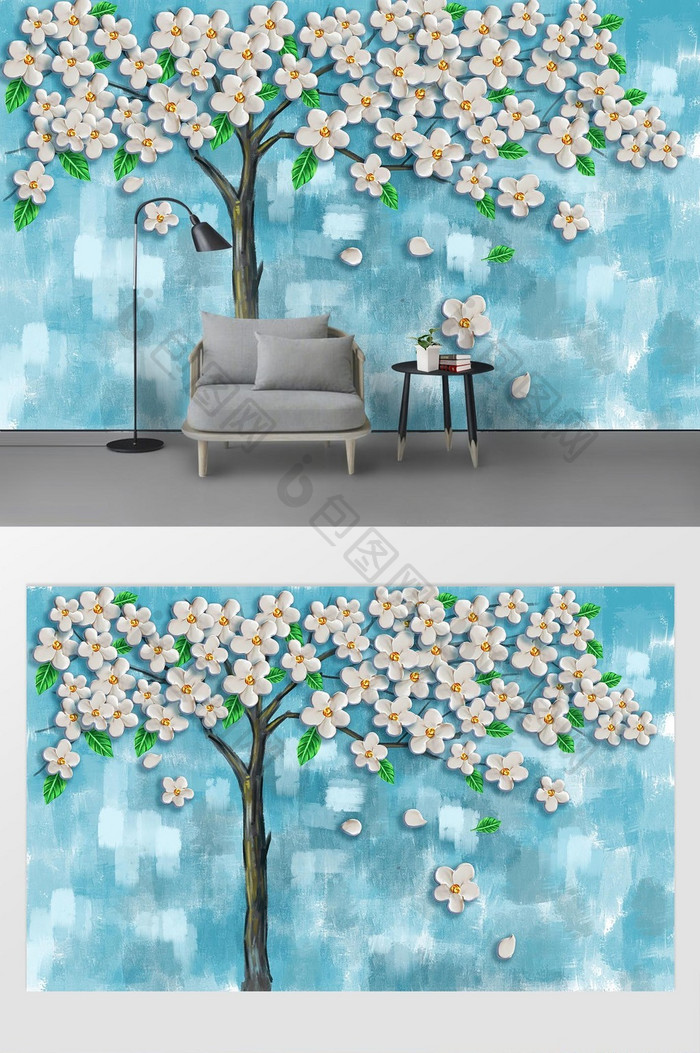现代手绘发财树花卉油画背景墙