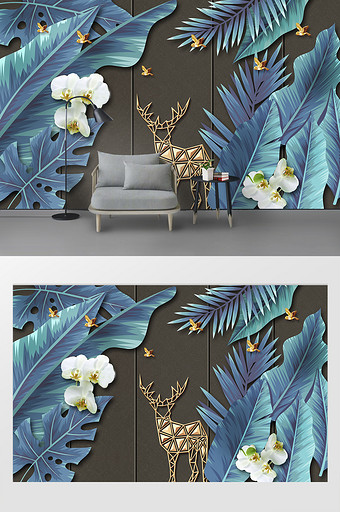 简约时尚热带雨林麋鹿鎏金铁艺背景墙图片