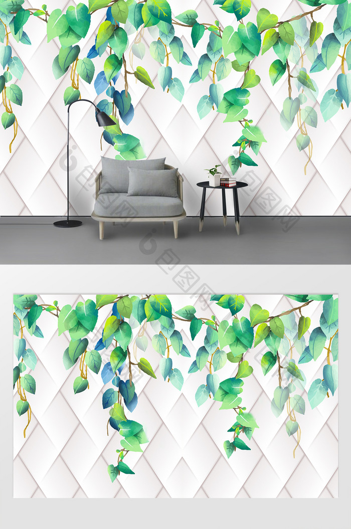 清新时尚立体几何水彩手绘叶子树叶背景墙