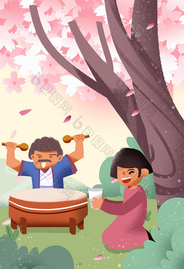 卡通手绘日本樱花节打鼓闪屏手绘插画