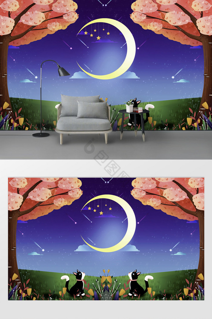 现代梦幻唯美森林小兔月光星星电视背景墙