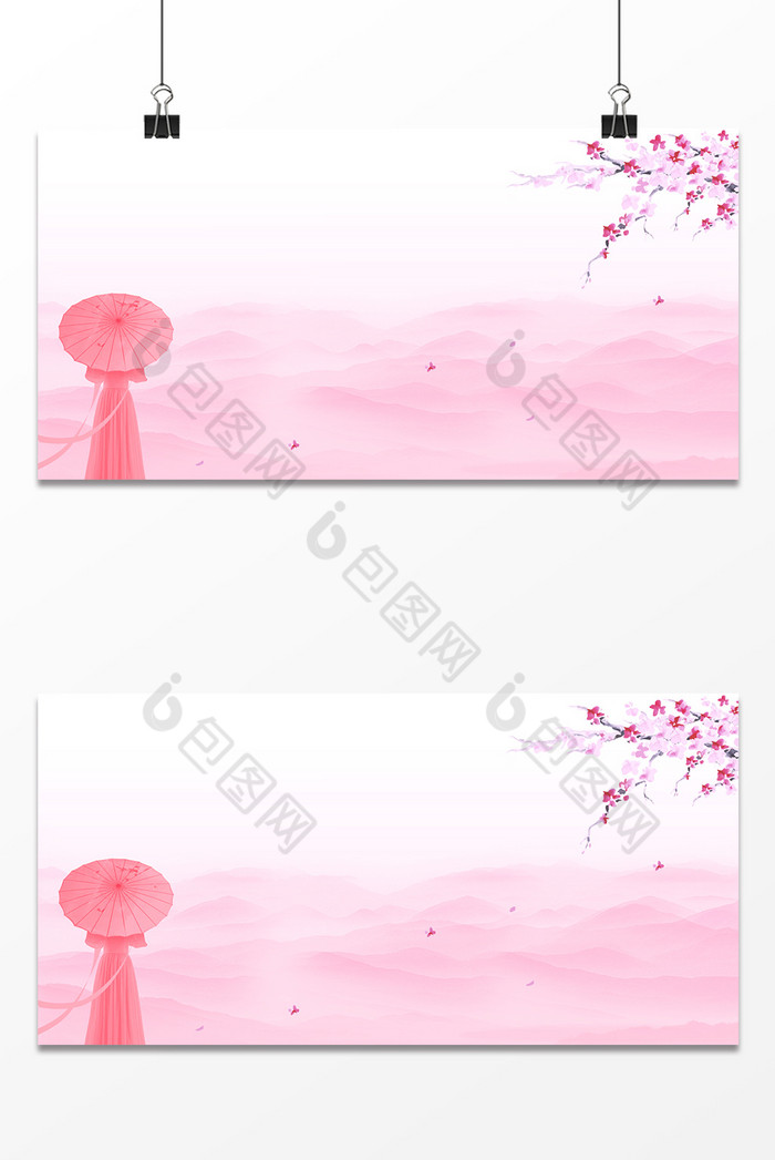 浪漫山水花朵撑伞人图片图片