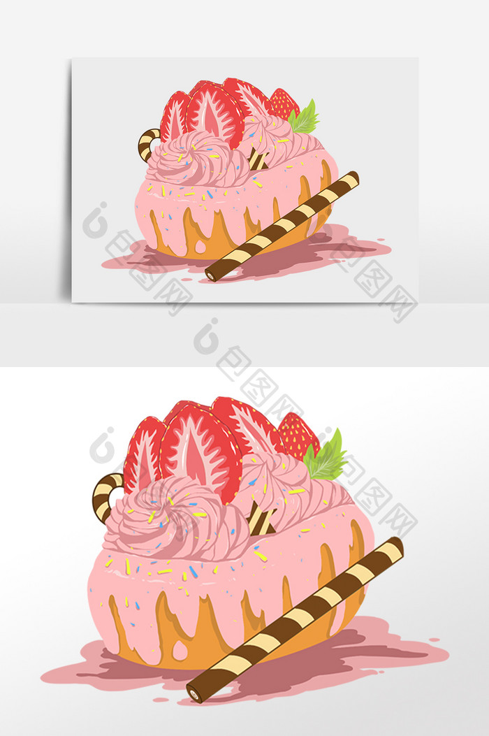 手绘甜品草莓奶油蛋糕插画