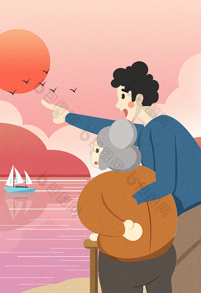 系浪漫母亲节儿子带母亲海边看夕阳插画