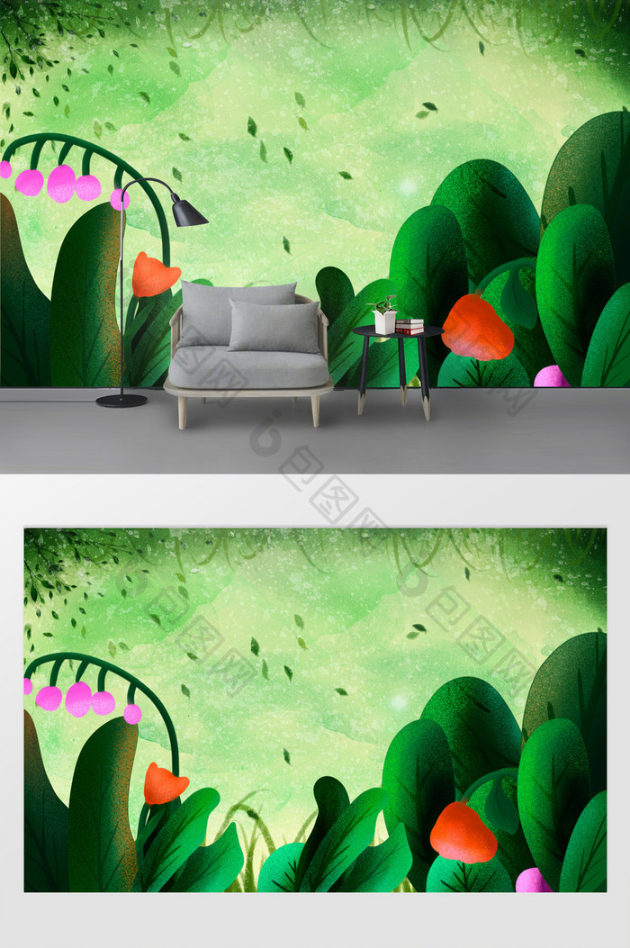 现代清新绿色植物手绘花卉背景墙