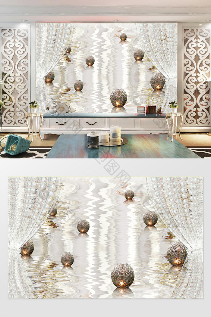 现代贵气3d镂空宫灯珍珠帷幔浮雕背景墙