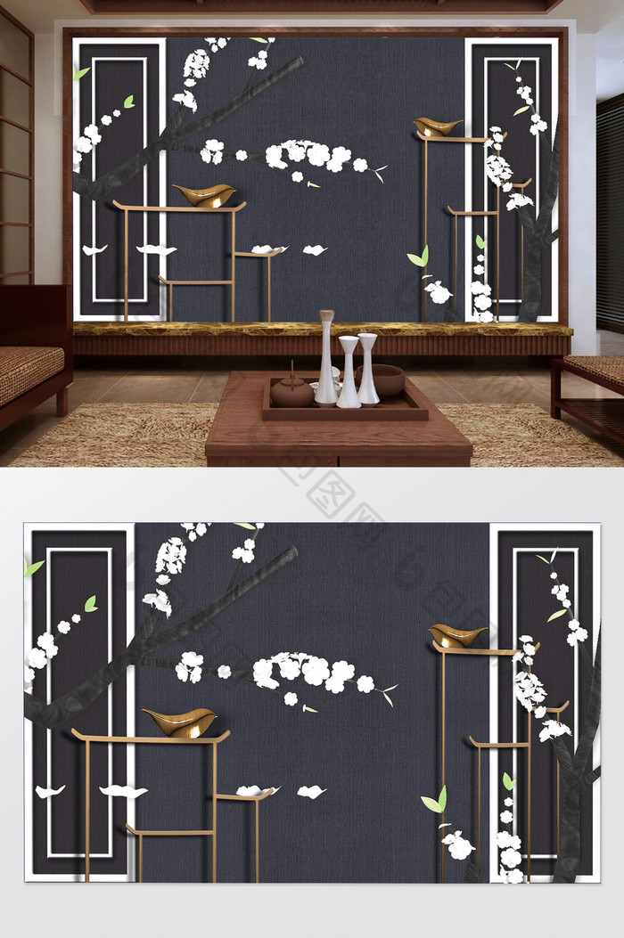 中式新古典创意屏风书架小鸟浮雕花枝背景墙
