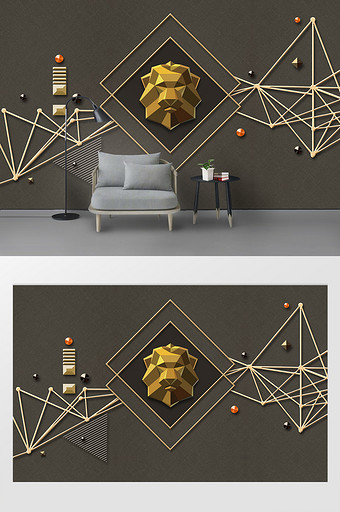 现代简约立体几何线条鎏金铁艺装饰背景墙图片