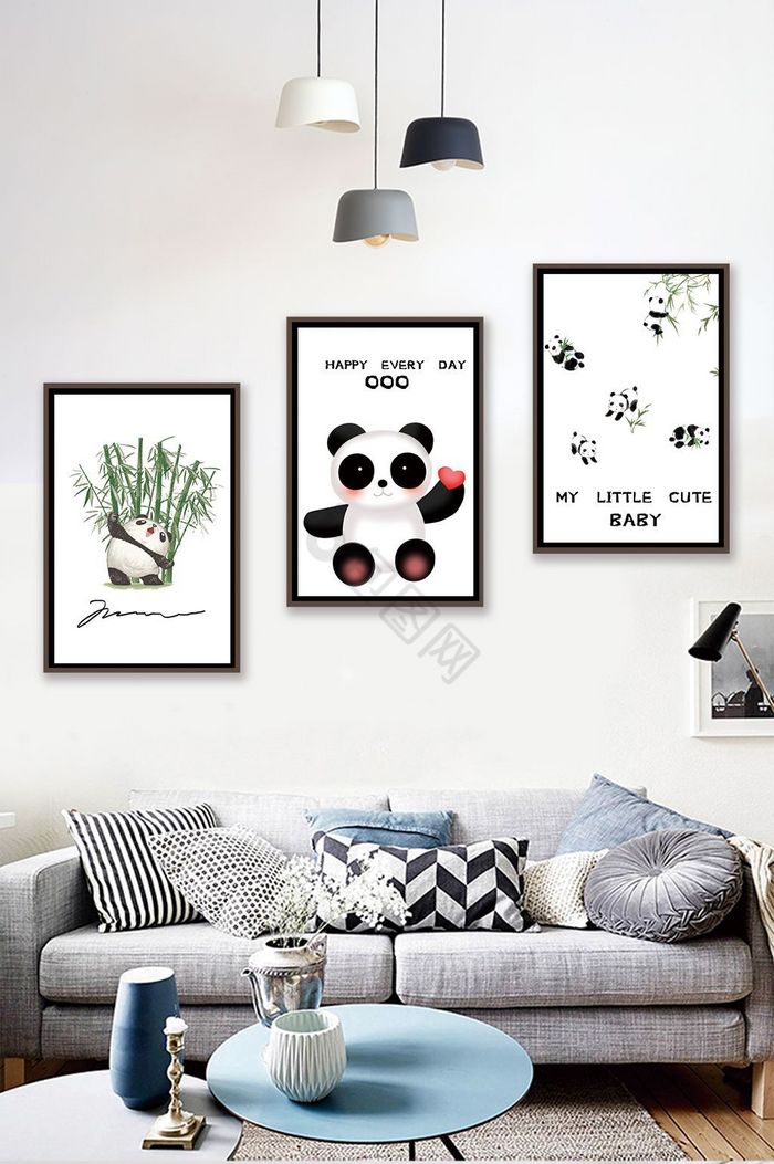 手绘动物熊猫猫咪儿童房卧室装饰画图片
