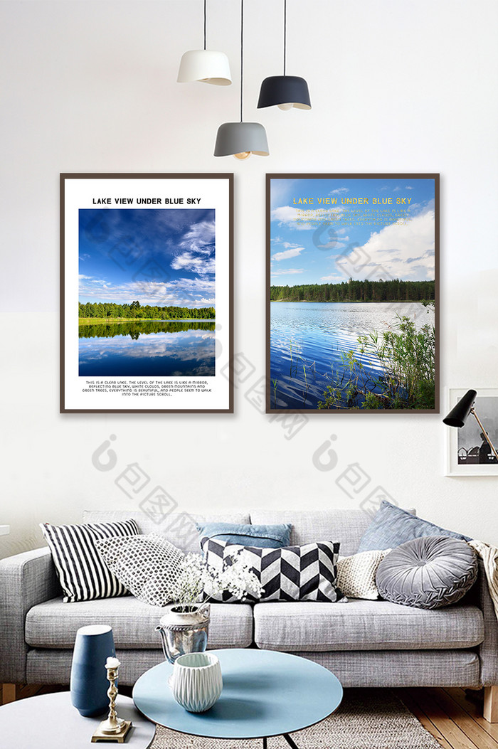 唯美湖景蓝天白云自然风光客厅装饰画图片图片