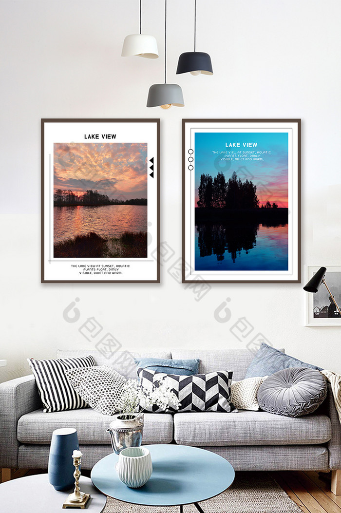 唯美晚霞湖景自然风景客厅双联装饰画图片图片
