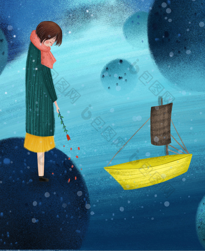 蓝色创意梦境孤独男孩小船玫瑰世界自闭症日