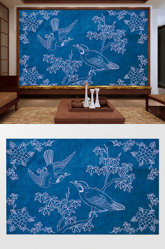 中式国潮花鸟纹古典客厅电视背景墙图片