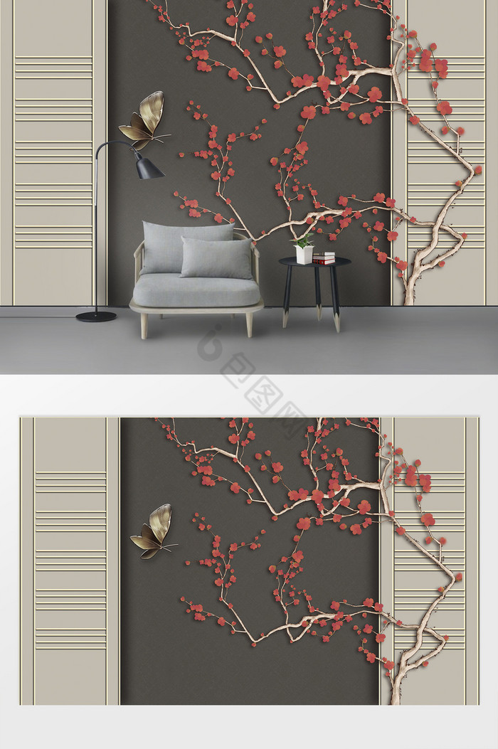 现代意境梅花造型树枝浮雕硬装金属背景墙图片