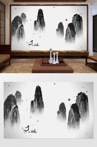 中式抽象枯墨瀑布禅意山水客厅装饰画图片