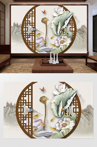 新中式水墨荷花简约浮雕背景墙图片