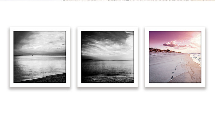 清新海洋沙滩黑白彩色组合风景装饰画