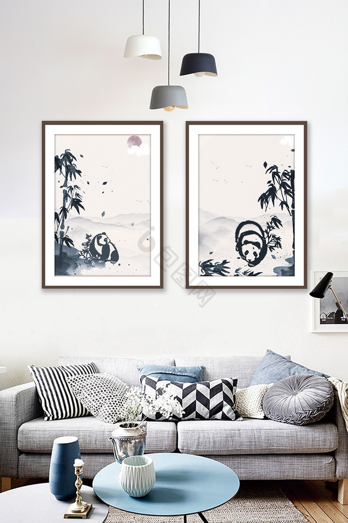 水墨黑白竹子熊猫艺术背景装饰画图片