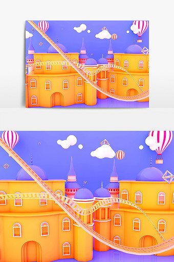 C4D城堡热气球卡通小场景模型图片