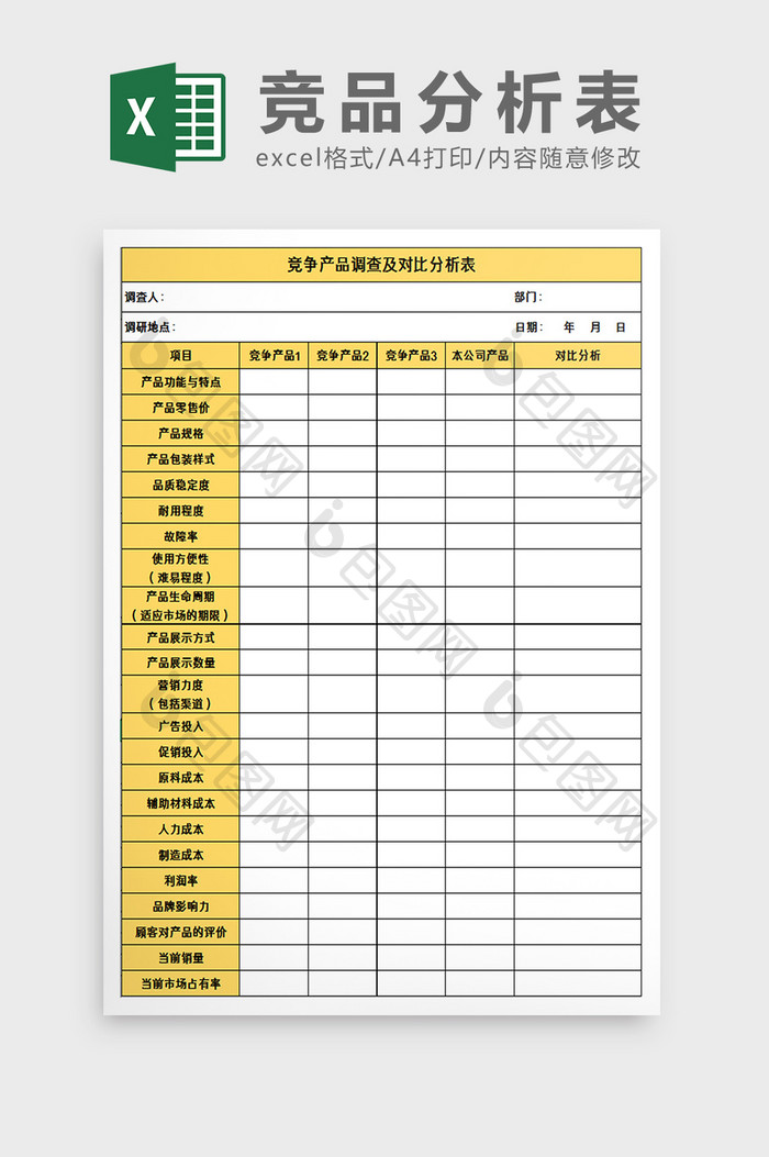 竞品调查分析表excel模板