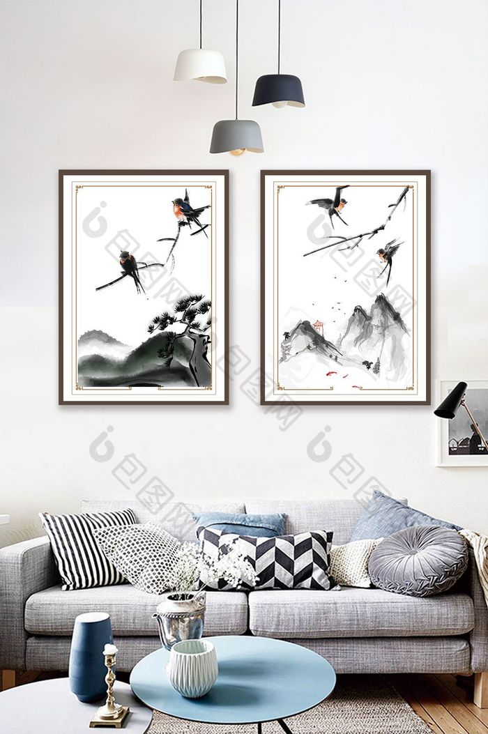 中式风格山峰松树鸟水墨组合装饰画