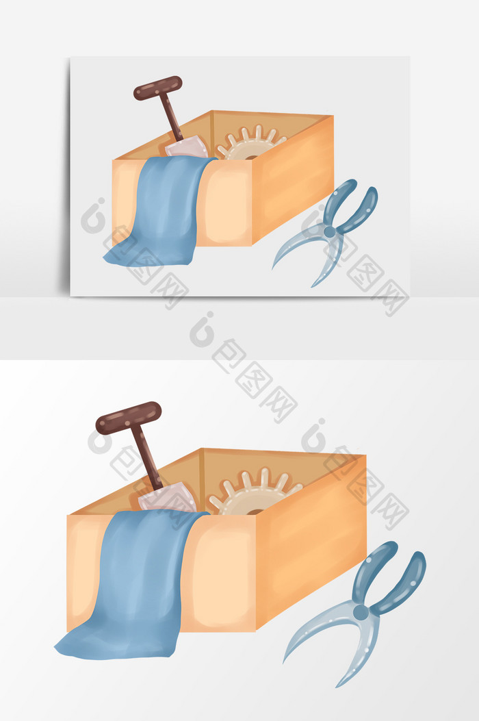 手绘卡通小清新黄色工具盒剪刀毛巾小元素