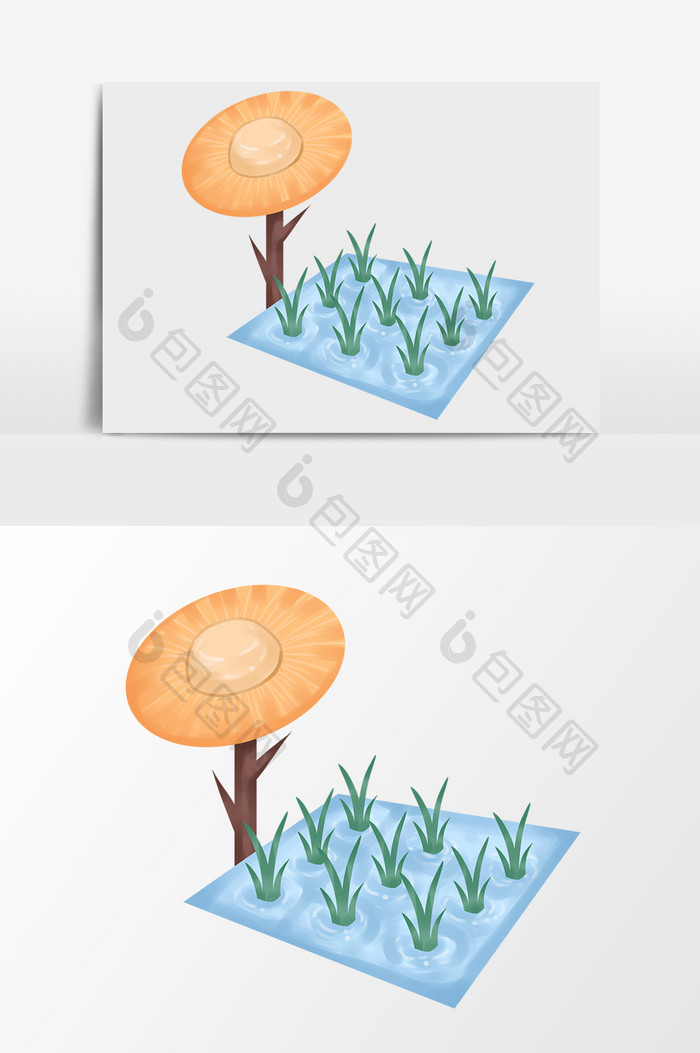 手绘卡通小清新蓝色水田黄色草帽小元素