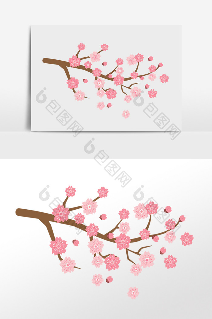 手绘春季绽放粉色樱花花枝插画