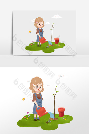 手绘植树节女孩给树浇水插画图片