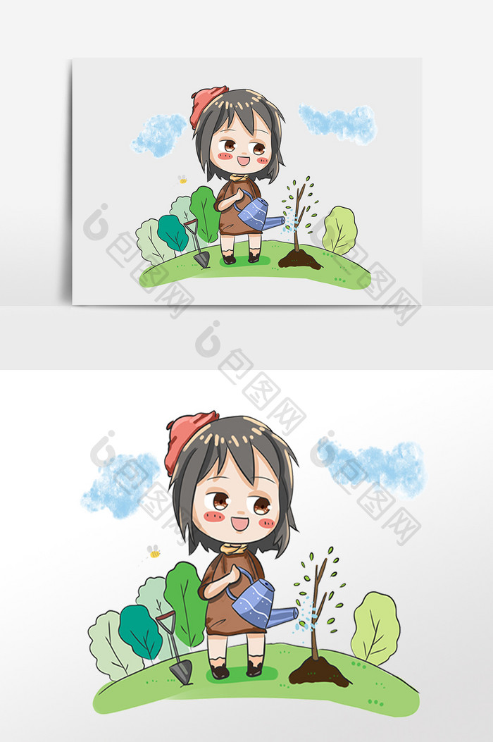 手绘植树节女孩栽树浇水插画