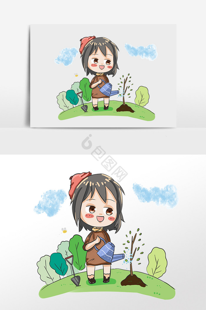 植树节女孩栽树浇水插画图片