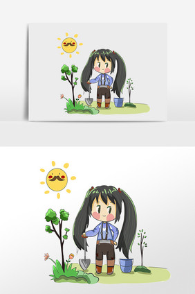 手绘植树节女孩播种种植插画