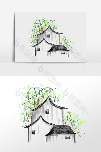 手绘中国风水墨房屋柳条插画图片