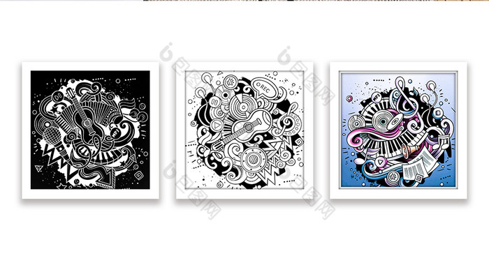 抽象黑白彩色音乐元素背景组合装饰画