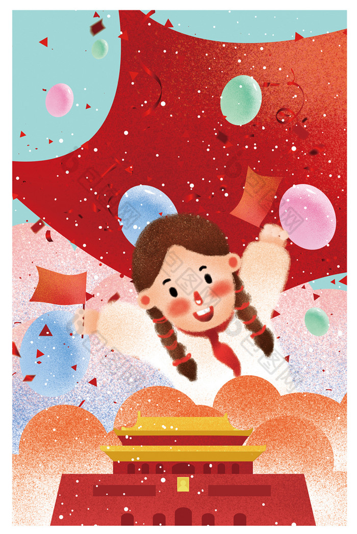 手绘十一国庆建国风景室内走廊装饰画