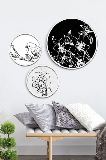 黑白简约植物花卉线条装饰画图片