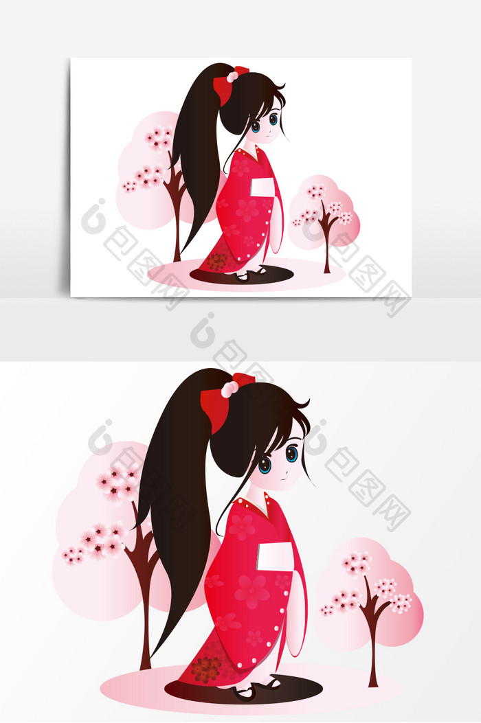 手绘卡通Q版日本樱花和服女孩