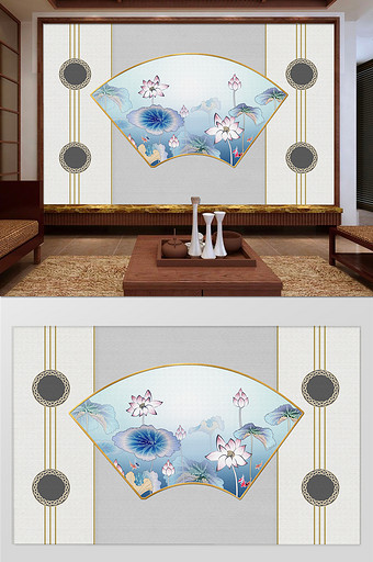 新中式手绘荷花国画客厅背景图片