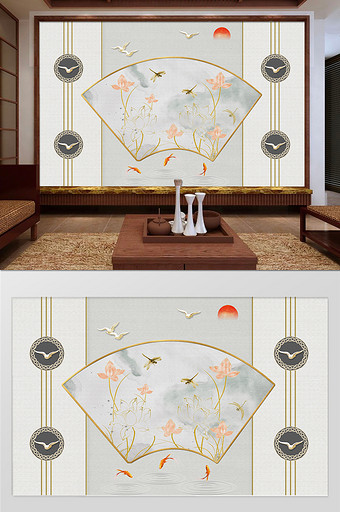 个性定制新中式手绘荷花国画电视背景墙图片