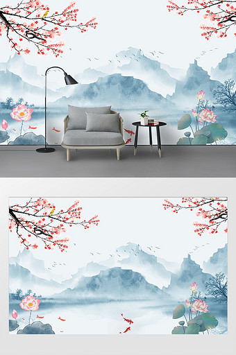 新中式梅花山水国画沙发背景图片