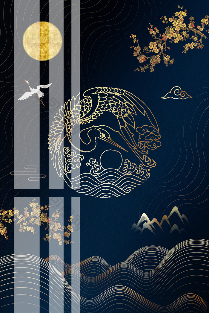 中式金色抽象山川仙鹤客厅装饰画