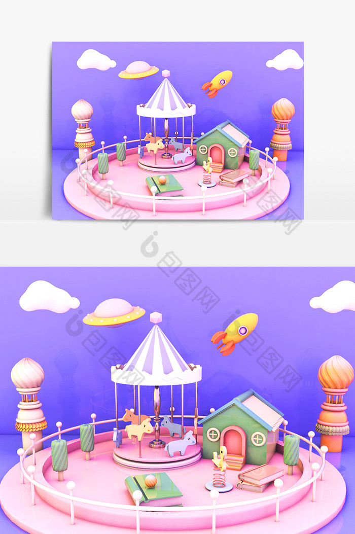 C4D旋转木马游乐场舞台小场景模型图片图片