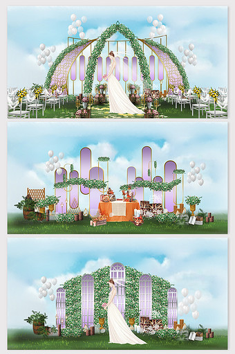 现代创意紫色鲜花铁艺梦幻草坪婚礼效果图图片