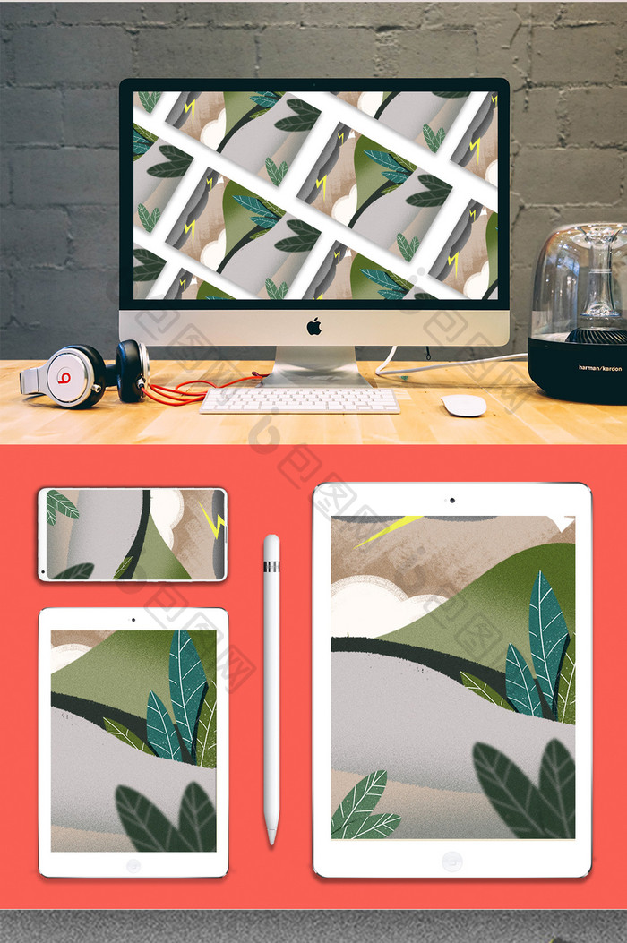 山丘绿叶插画背景